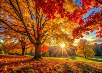 Fototapeta premium Golden sunlight bathes majestic autumn landscapes, capturing breathtaking fall foliage.