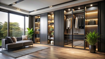 3D Render: Sleek Black Sliding Door Corner Wardrobe - Eye-Level View Interior Design