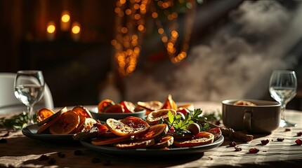 A rustic-themed party table with visible light beams through dust or fog, volumetric lighting with a clear divide that creates bold zones of light and shadow, and dried fruit slices