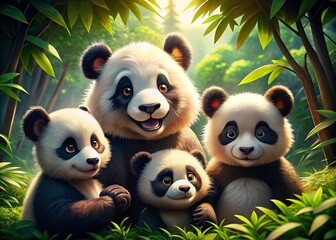 Obraz premium Adorable Panda Family Close-Up: Green Forest, Cute Baby Pandas, Wildlife