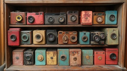 Fototapeta premium Antique cameras displayed on wooden shelves.
