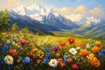 Obraz premium A beautiful field of flowers, with snow-capped mountains in the distance, high definition photography