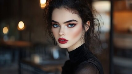 A woman with long dark hair and bold red lipstick looks at the camera.