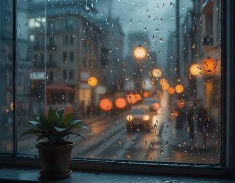 window with raindrops running down the glass, potted plants on the windowsill, and dim light reflecting from inside. Outside, the blurred city lights sparkle in the rain.