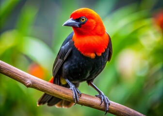 Obraz premium Bird's-Eye View: Red-headed Black Bird with Orange Beak - Stunning Wildlife Photography