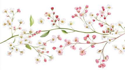  Pink flowers on white background.  foral clip art depicting blooming flowers, budding branches, and fresh foliage 