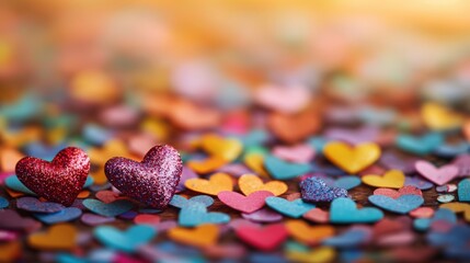 Fototapeta premium Colorful heart-shaped confetti spread across a table for a festive celebration