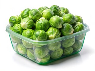 Fototapeta premium Brussels Sprouts Plastic Container White Background Stock Photo - Fresh Vegetables Produce Food Photography