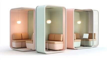 Quiet co-working setup with individual cubicles featuring plush seating, soft pastel dividers, and personal lighting options
