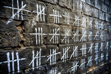 Chalk Tally Marks on Dark Wall: Prison Cell Count, Eye-Level View