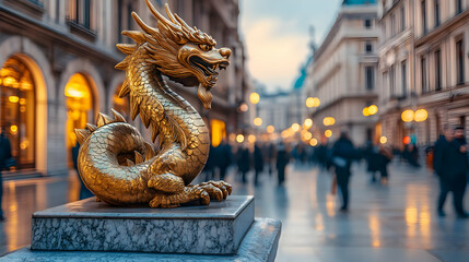 Fototapeta premium Golden Dragon Statue City Street Illustration