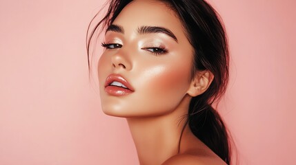 Fototapeta premium A beautiful woman with dark hair and natural makeup looks at the camera with a soft smile.
