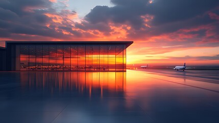 Fototapeta premium Dramatic sunset over modern airport terminal with airplanes.