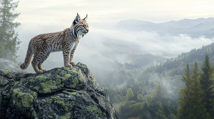 Fototapeta premium A lynx standing tall on a granite outcrop, overlooking a misty valley, with soft green lichen glowing on the rocky surface beneath its paws. 