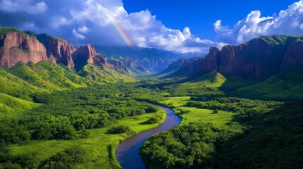 Serene River Winding Through Verdant Canyon with Rainbow Overhead