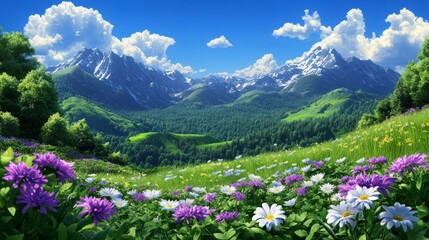 Fototapeta premium Serene Mountain Valley Landscape Blooming Meadows and Majestic Peaks