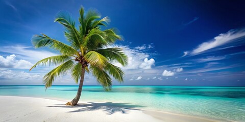 Tropical Island Paradise: Minimalist Beach Scene, Idyllic Seascape, Azure Ocean, White Sand, Palm Trees, Minimalist Photography