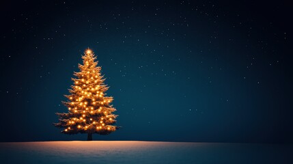 Beautifully Decorated Christmas Tree with Warm Lights in a Snowy Landscape Under a Starry Night Sky