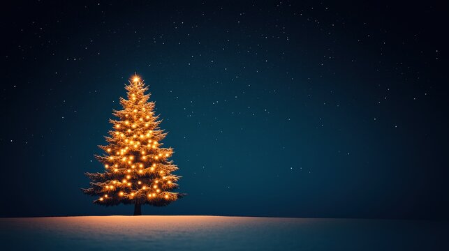Beautifully Decorated Christmas Tree with Warm Lights in a Snowy Landscape Under a Starry Night Sky