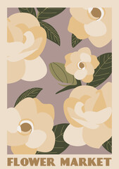 Vector art illustration. Colorful floral pattern, showcasing a floral market concept. Modern groovy art for for postcards, wall art, banner, background.