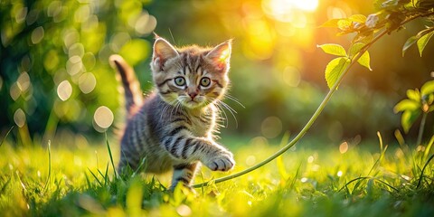 Obraz premium Macro lens captures a kitten's playful garden antics with string, pure feline focus.