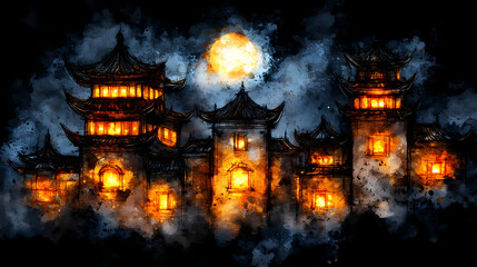 Ancient Asian cityscape at night, illuminated buildings with glowing windows, surrounded by mystical atmosphere and full moon. captivating scene of history and culture