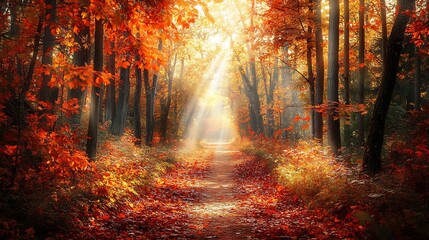 Obraz premium Sunbeams illuminate a path through an autumn forest with vibrant red and orange leaves.