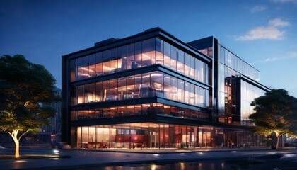 Obraz premium A sleek, modern glass office building beautifully illuminated at dusk. The warm interior lights contrast against the darkening sky, highlighting the architectural design. Perfect for business