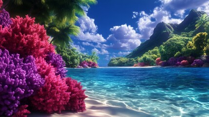 Vibrant Tropical Paradise Idyllic Beach Scene with Lush Coral and Turquoise Waters