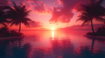 Tropical Sunset Palm Trees Pool Ocean