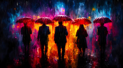 vibrant city scene featuring silhouettes of individuals holding red umbrellas against colorful, abstract background. rain adds dynamic and emotional touch to artwork