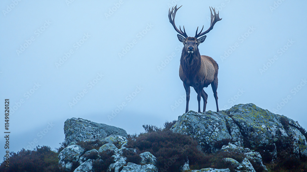 Wall mural A majestic stag standing tall on a granite outcrop, its antlers glowing in the low light, with soft blue mist rising around the lichen-covered rocks beneath. 