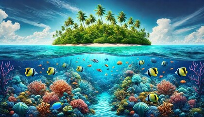 Obraz premium Underwater and Above-Water Island Scene