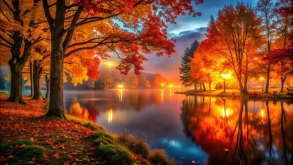 Night photography reveals serene autumn lake, misty trees ablaze with vibrant foliage.