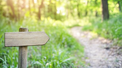 Wooden Signpost Guiding Adventures Along a Tranquil Forest Trail