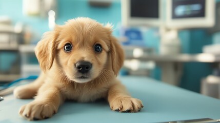 Adorable puppy with big eyes lying on a blue exam table.