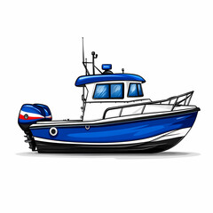 blue fishing boat with outboard motor, designed for marine activities, showcasing sleek and modern appearance. Ideal for cruising and fishing adventures