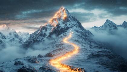 Serene winter landscape with snow-covered mountains and winding road under cloudy sky