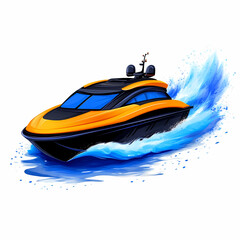 futuristic autonomous boat cruising through vibrant blue waves, showcasing sleek design and advanced technology. This marine element represents innovation and adventure on water