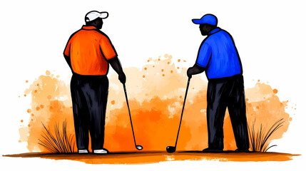 Golfers in orange and blue shirts stand together, preparing for their next shot on vibrant course. scene captures teamwork and camaraderie in sport