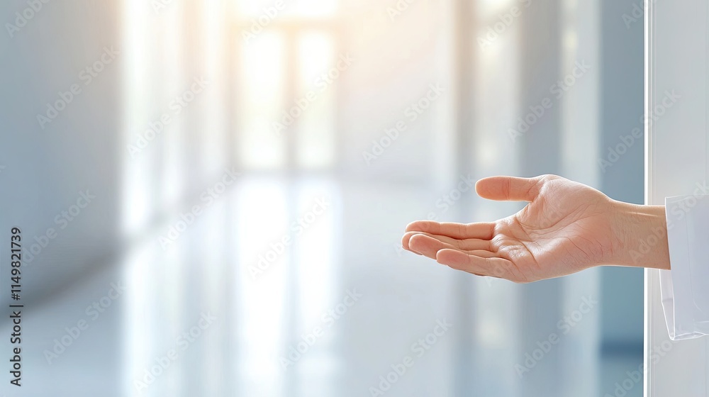 Poster hand reaching to hold open a door in a bright hallway inviting curiosity and exploration
