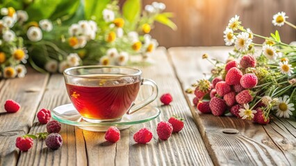 Raspberries, wildflowers, and serenity. A minimalist herbal tea photo. Pure simplicity.