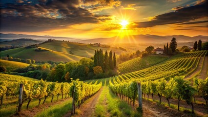 Fototapeta premium Tuscan Sunset Vineyard Silhouette: Golden Hour Landscape Photography