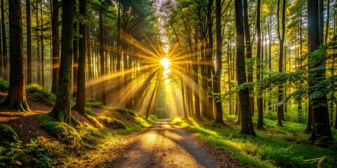 Fototapeta premium Remote forest path bathed in magical sunlight; nature photography captures ethereal sun rays.