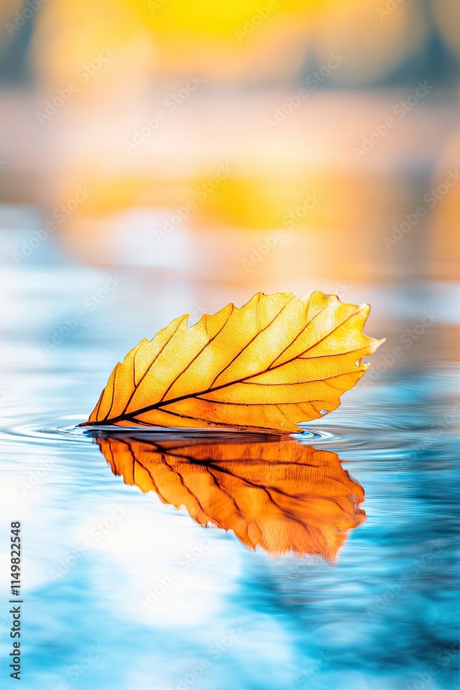Poster floating serenity captured in a vibrant autumn leaf mirrored on a tranquil pond