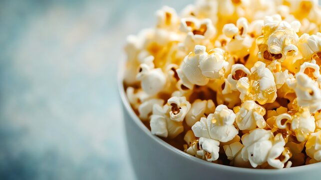 A close-up of a white bowl filled with caramel popcorn.