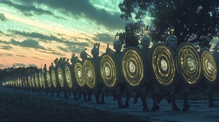 A long line of soldiers in gleaming armor marches at sunset, their shields glowing with an ethereal light.