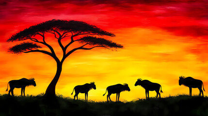 Fototapeta na wymiar stunning silhouette of wildebeests grazing under vibrant sunset sky, featuring prominent acacia tree. warm colors evoke sense of tranquility and beauty in nature
