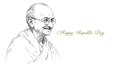 Mahatma Gandhi's portrait in black and white sketch style with elegant typography celebrating India's Republic Day, showcasing patriotism and national pride with minimalist artistic design elements