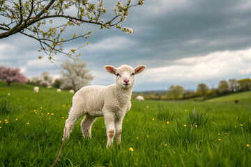 Fototapeta premium A baby lamb in a field in the spring